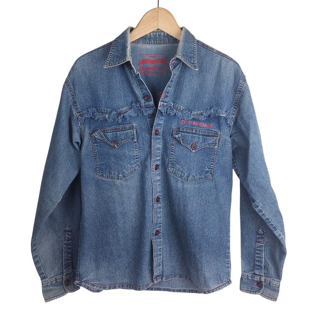 Vintage Bootleg Levi's‎ Denim Shirt Large Distressed Fringe Spellout 90s Grunge
